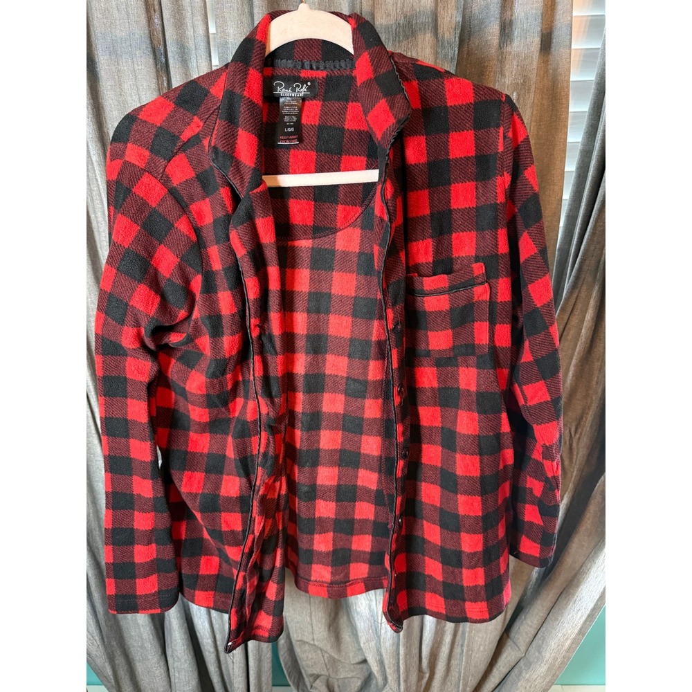 Rene Rofe Sleepwear Red Black Buffalo Plaid Fleece Pajama Top Large Long Sleeve